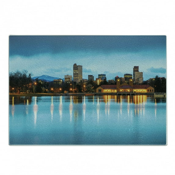 Urban Cutting Board, Downtown Denver Ferril Lake Colorado at the Morning City Park Capital, Decorative Tempered Glass Cutting and Serving Board, Small Size, Sky Blue Yellow Orange, by Ambesonne