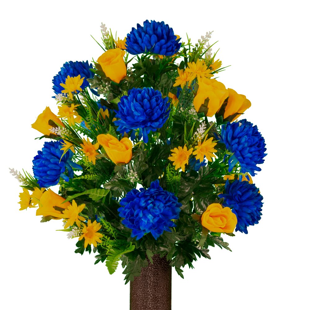 Sympathy Silks Artificial Cemetery Flowers Blue Mum and Yellow Rose