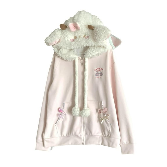 Womens Y2K Kawaii Zip Up Hoodie Girls Cute Cat Ears Cartoon Embroidery Hoodies Oversize Harajuku Pink Pullover Sweatshirt With Pocket