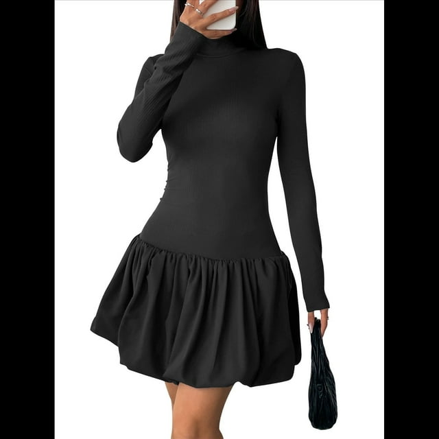 Vestido Mini de Larga con para Mujer, Ajustado, con Cuello Alto, Informal, para Cóctel o Fiesta Negro S
