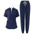 thumbnail image 2 of Minjewel Women's Half Zip High Neck Short Sleeve Scrubs for Women Set with Pockets, Modern & Comfortable Scrub Set for Medical Staff,Dark Blue 2XL, 2 of 8