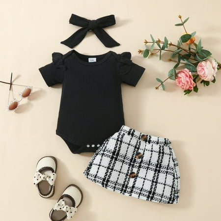 

Toddler Baby Girl Romper + Skirt Lace Ruffle Short Sleeve Ribbed Romper Suspender Skirt Set Summer Toddler Baby Girl Outfits Black 9-12 Months