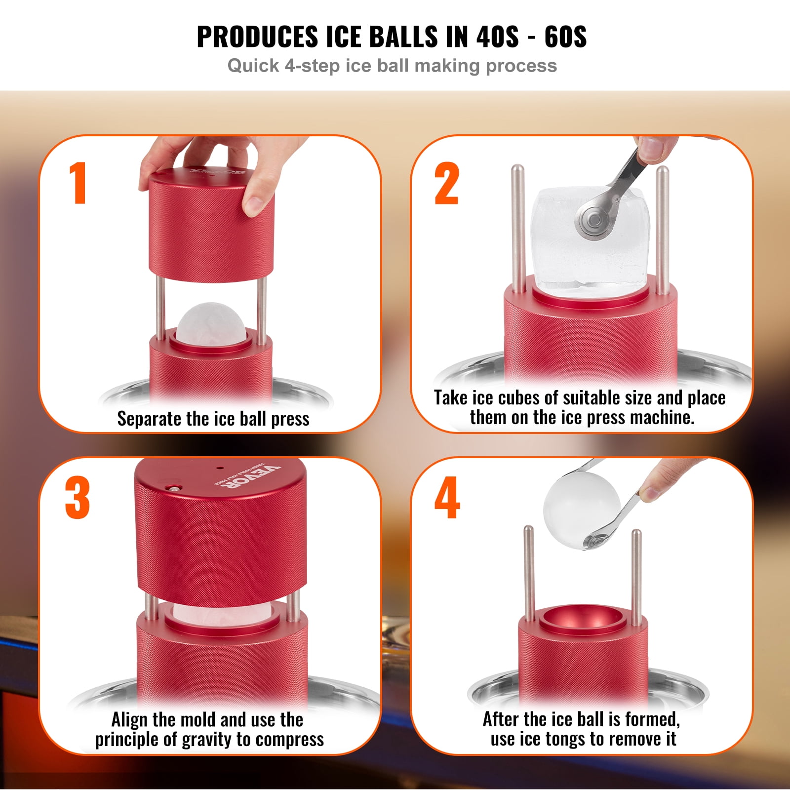 VEVOR Ice Ball Press,2.4"/60 mm Diameter Ice Ball Maker,Aluminum Ice Ball Press Kit,Ice Press with Stainless Steel Clamp & Plate, Silver Ice Ball Press Maker for Whiskey, Bourbon, Scotch, Etc