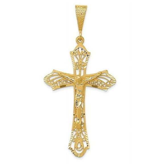 Finest Gold 14K Yellow Gold Satin Diamond-Cut Crucifix Pendant