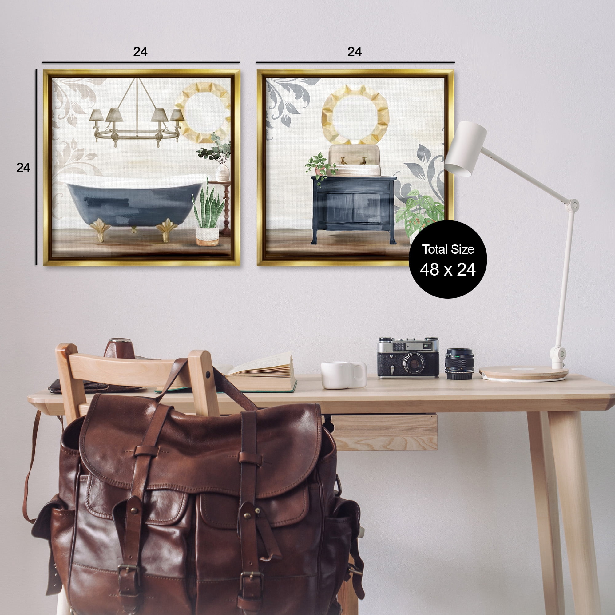 Stupell Industries Chic Bathroom Interior Still Life Abstract Painting Gold Floater Framed Canvas Art Print Wall Art, 25 x 25, Set of 2