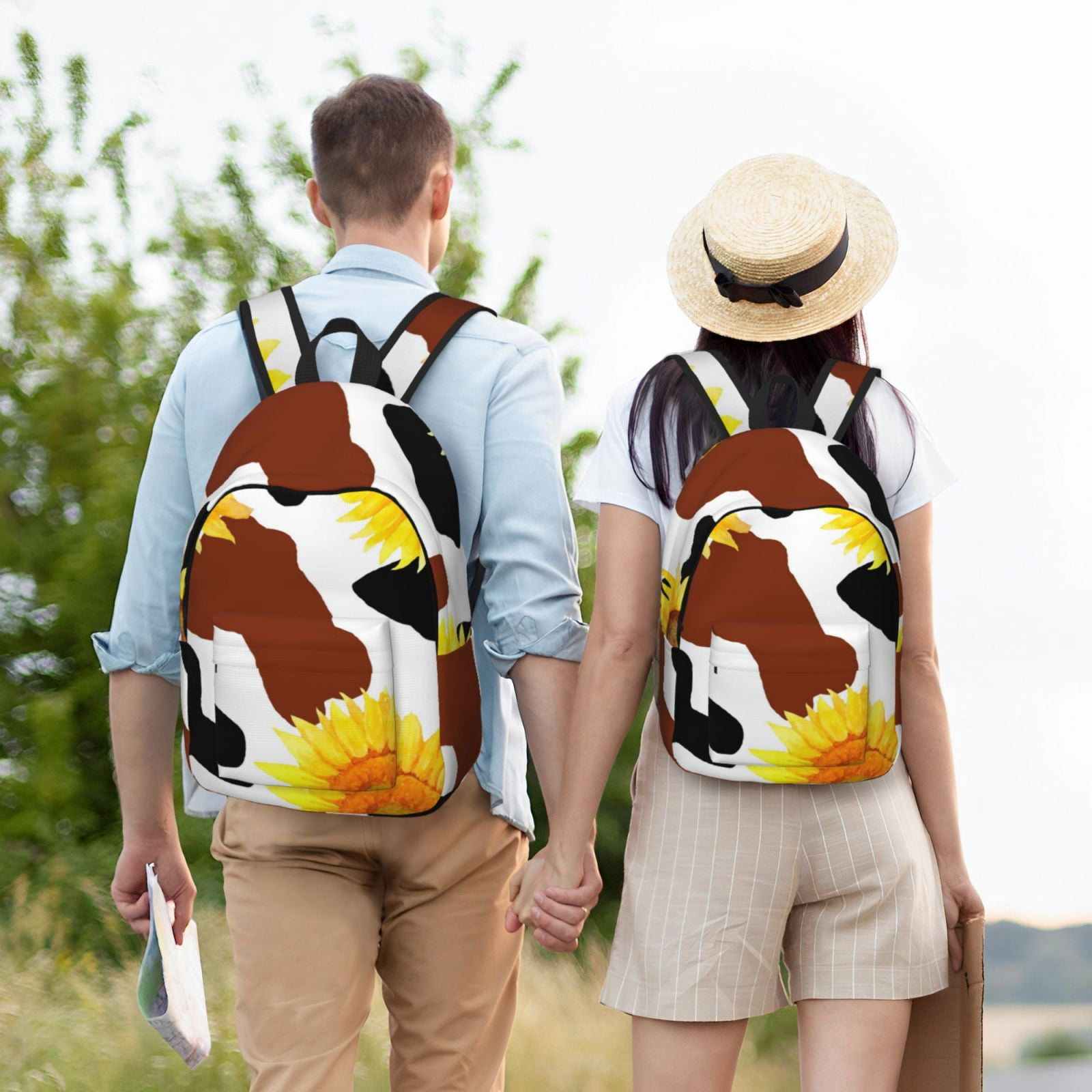 Rateoe Cow Print Sunflower Pattern Canvas College Laptop Backpack,Travel Daypack,Durable Rucksack Travel Notebook Bag School Backpack Book Bag for Men Women-Small