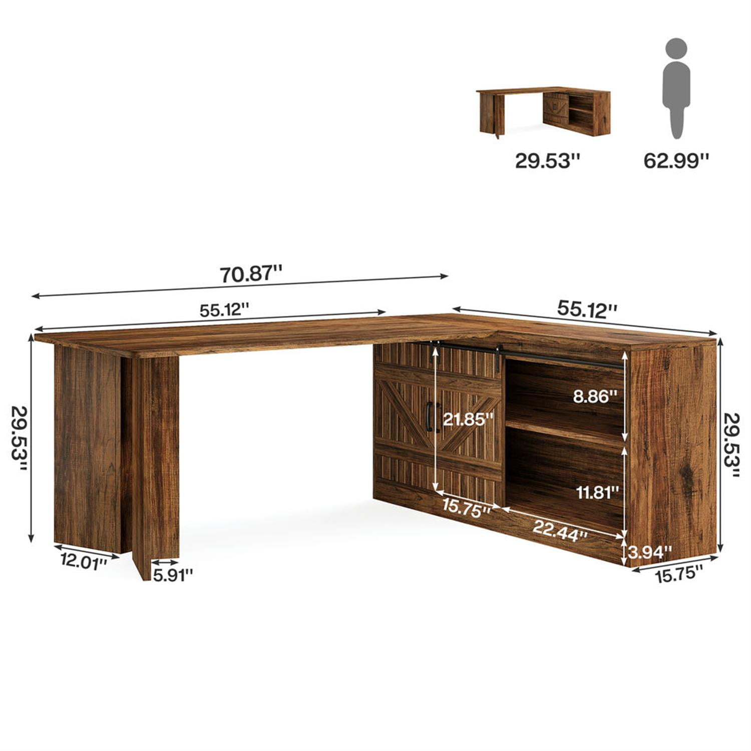 Demi Bonn Modern L Shaped Gaming Computer Desk, 71" Corner Executive Desk with Storage Cabinet for Home Office, Brown