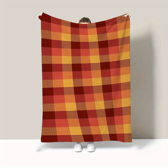 1-Pack Cozy Checkered Fall Blanket - Soft Flannel Plaid Throw in Red, Orange & Yellow | All-Season Warmth for Bed, Sofa, Travel & Camping | Contemporary Checkered Design with Durable Easy-Care Fabric