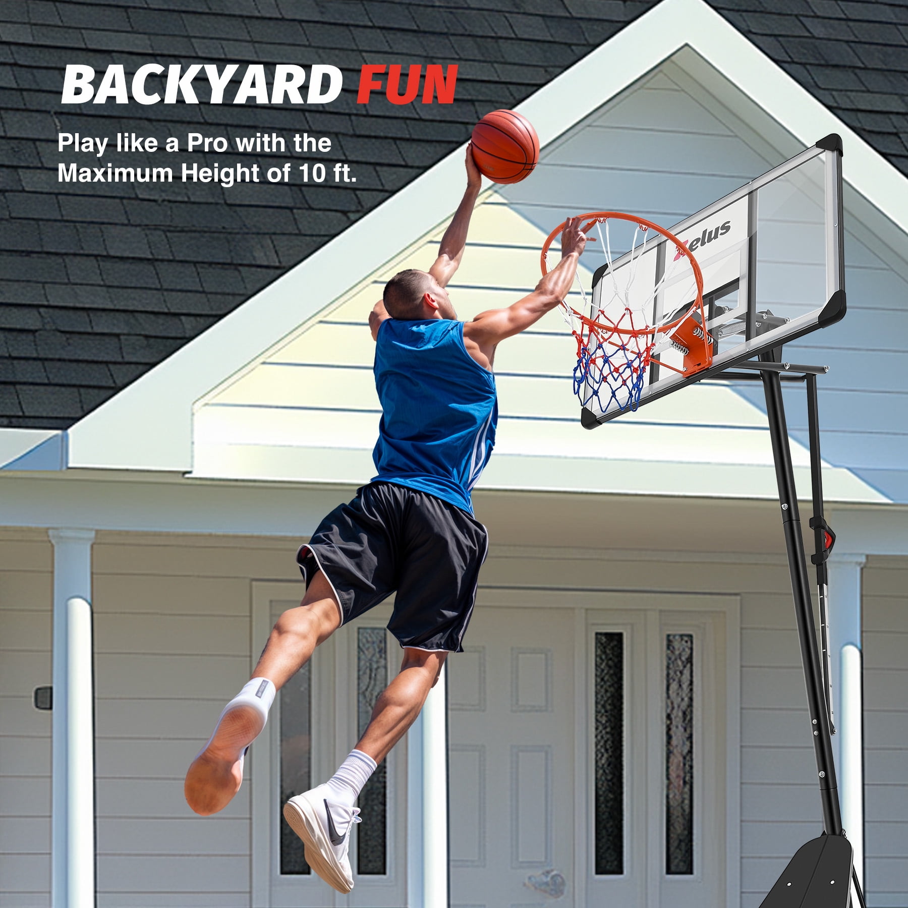 Zelus 4.9ft - 10ft Adjustable Height 43.3"x27.6" Longevity Outdoor Portable Basketball System (Kids)