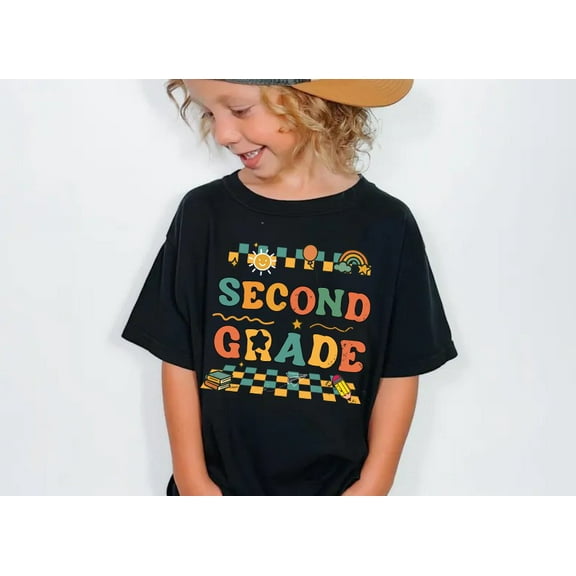 Second Grade Kids T-Shirt - Retro Back to School Graphic Tee for Boys and Girls - 100% Cotton Short Sleeve Shirt