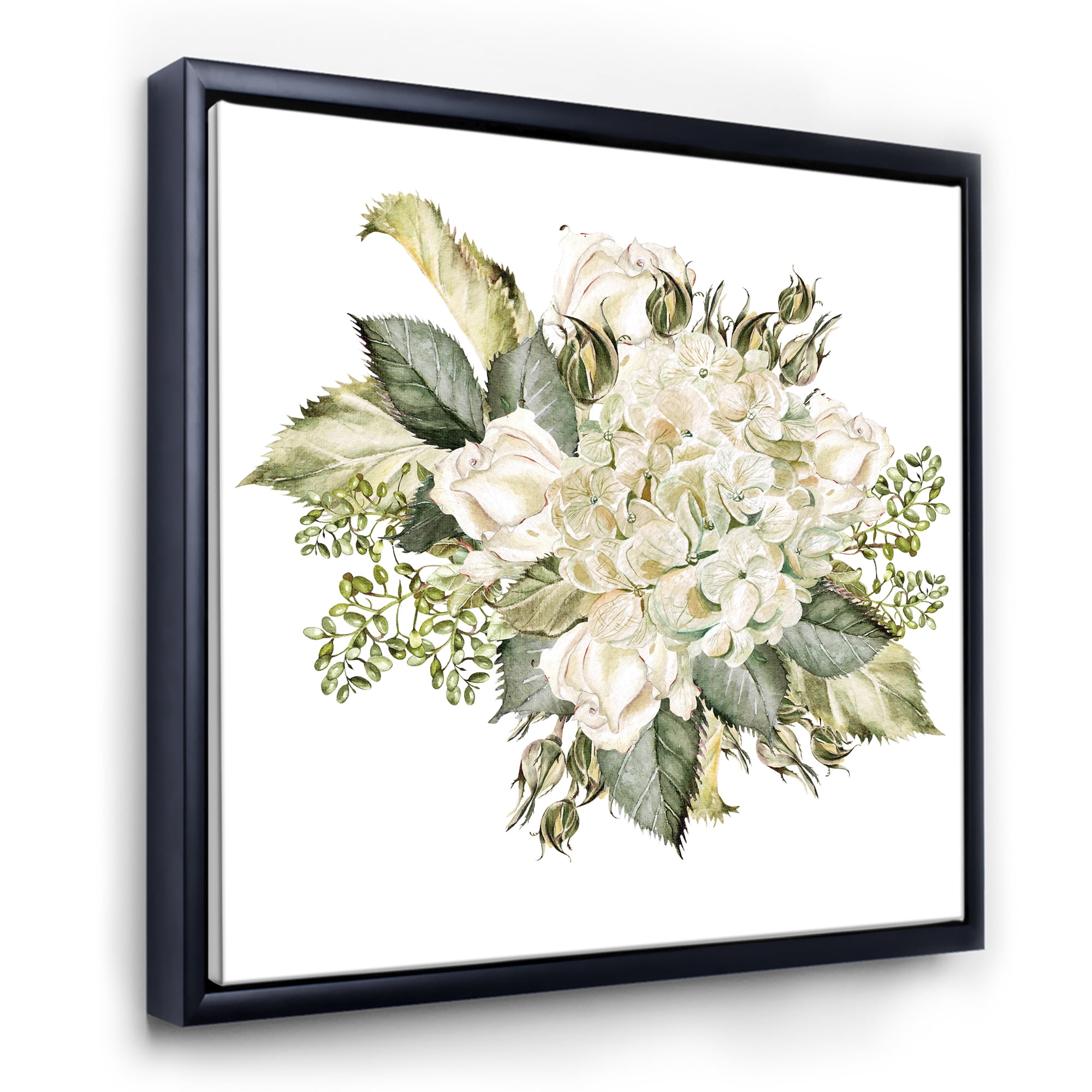 Beautiful Bouquet With Roses and Hudrangea 16 in x 16 in Framed Painting Canvas Art Print, by Designart