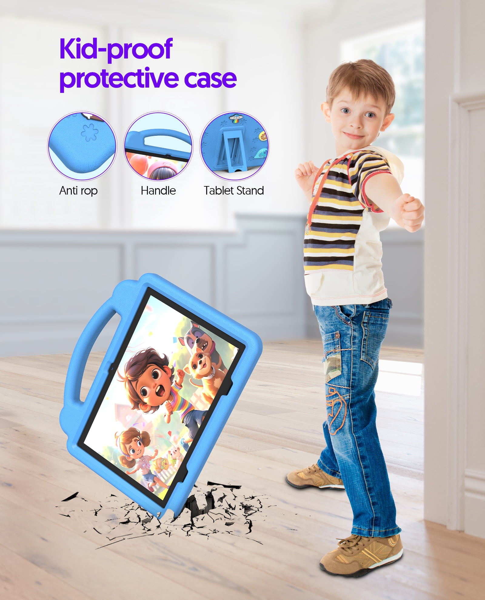 PUTECCH Kids 10 Tablet, Android 14 Tablet for Kids, Parental Control Pre-Installed Education Apps, 6GB RAM 64GB Storage, 6000mAh, WiFi 6, EVA Shockproof Case - Blue