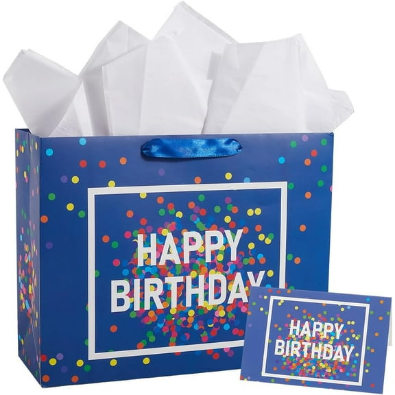 1 Set Happy Birthday Dots Bags Gift Wrap Bags Set 13x10.2x4.7in Large Rectangle Shopping Tissue Paper Greeting Card Blue Birthday Packet for Friend Men Women Unisex Party Shower Supplies Blue