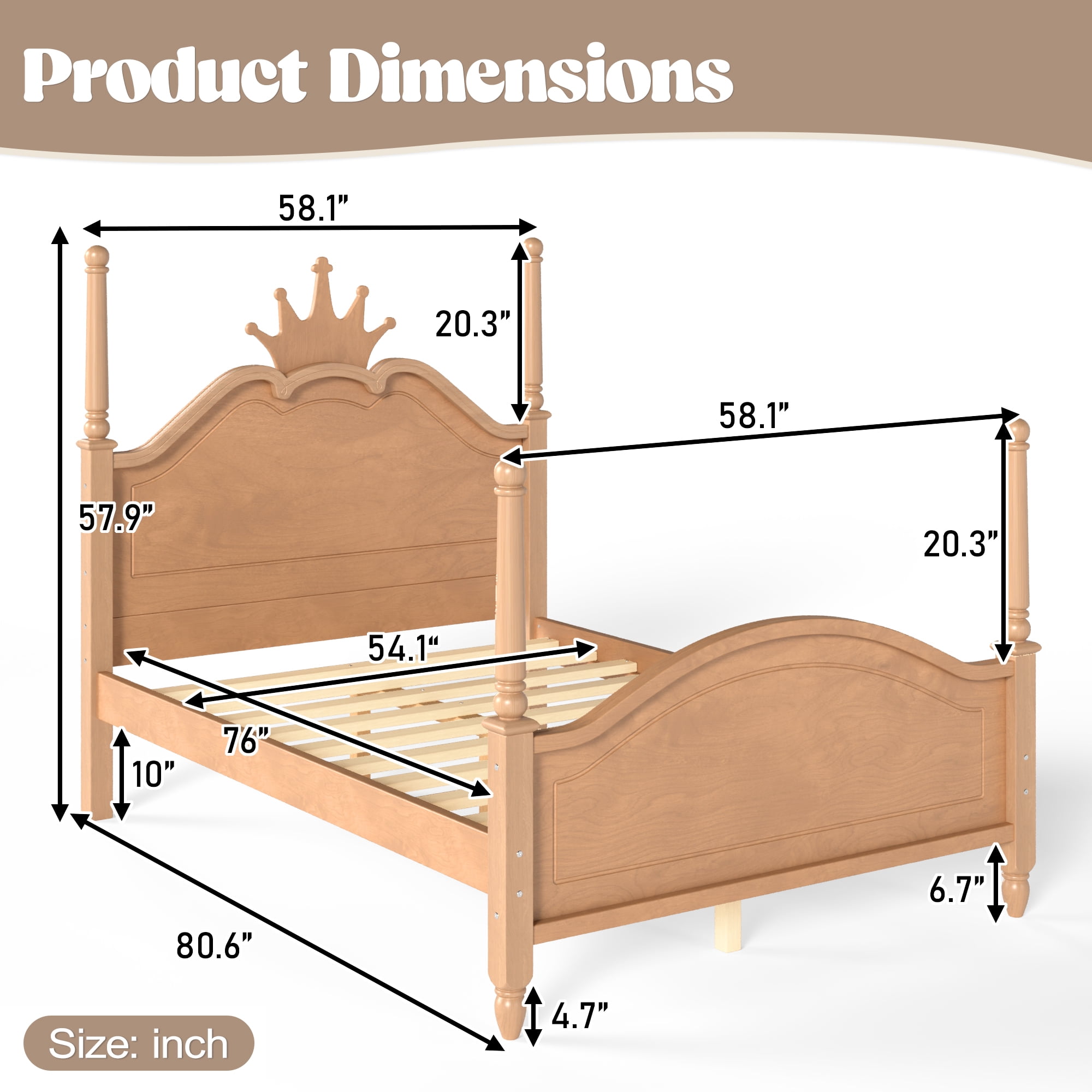 GARITIN Full Size Crown Shaped Platform Bed, Four Poster Wooden Bed Frame, Elegant Curved Headboard Bed Frame for Bedroom Guest Room, Natural