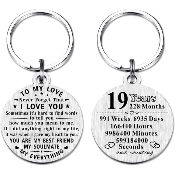 19th Anniversary Keychain Gifts, Steel Engraved 19 Year Anniversary Decorations, Happy Nineteen Year Anniversary for Men Husband Women Wife