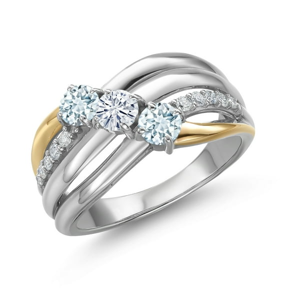 Gem Stone King 925 Silver and 10K Yellow Gold Sky Blue Aquamarine and Moissanite and Lab Grown Diamond Engagement Ring for Women | 0.88 Cttw | Round 4MM | March Birthstone | Size 6