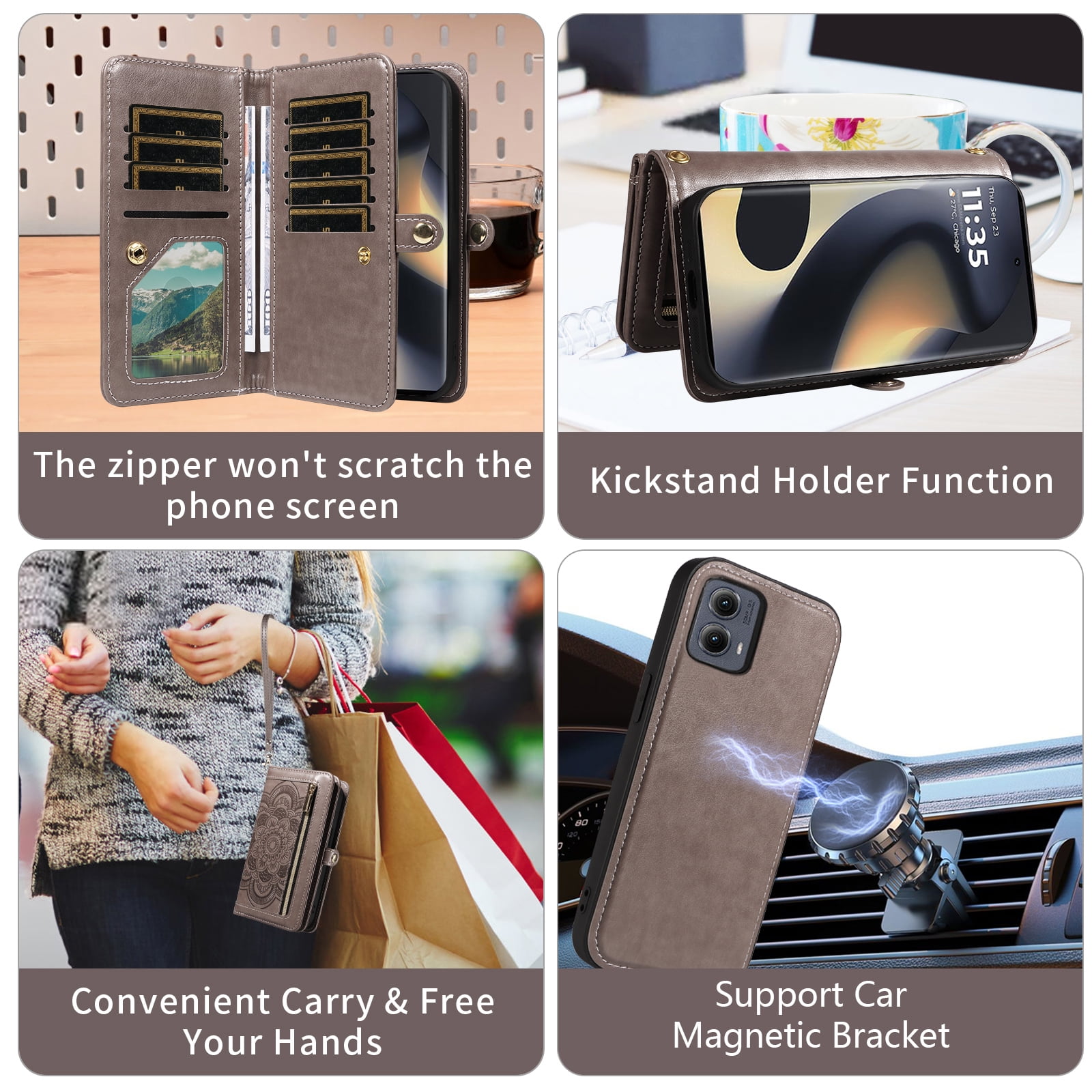 Asuwish Phone Case for Motorola Edge 5G 2024 Zipper Wallet Detachable Cell Cover with Tempered Glass Screen Protector Crossbody Lanyard Strap Flower Flip Card Holder Moto Edge2024 Women Girls Gray