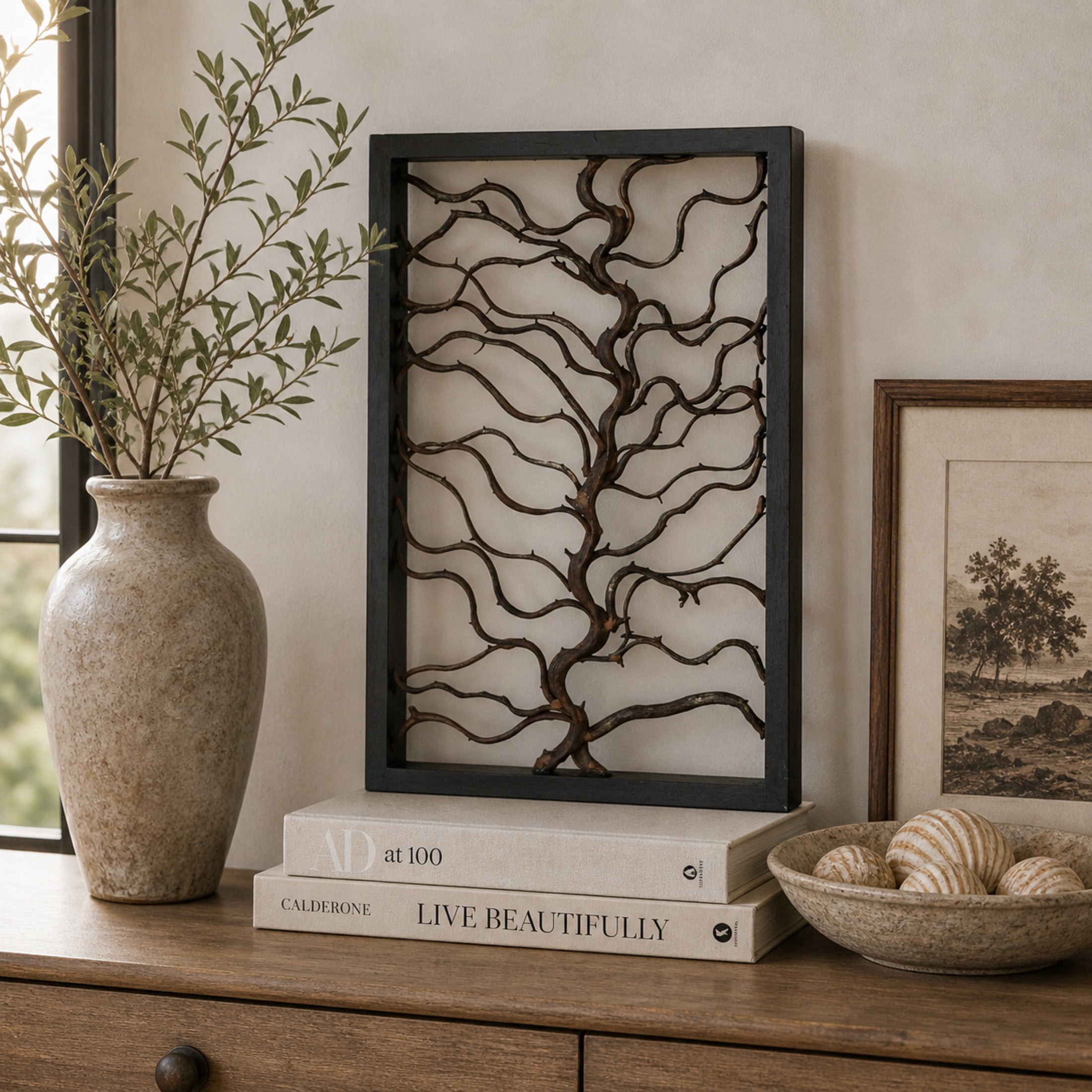 DecMode Brown Teak Wood Branch Tree Wall Decor with Black Frame
