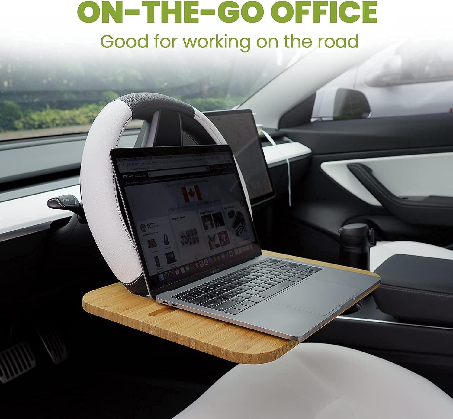 XZKING 2 in 1 Car Steering Wheel Desk, Bamboo Double-Sided Steering Wheel Tray for SUV or Truck, Car Food Tray, Car Desk for Laptop Mount