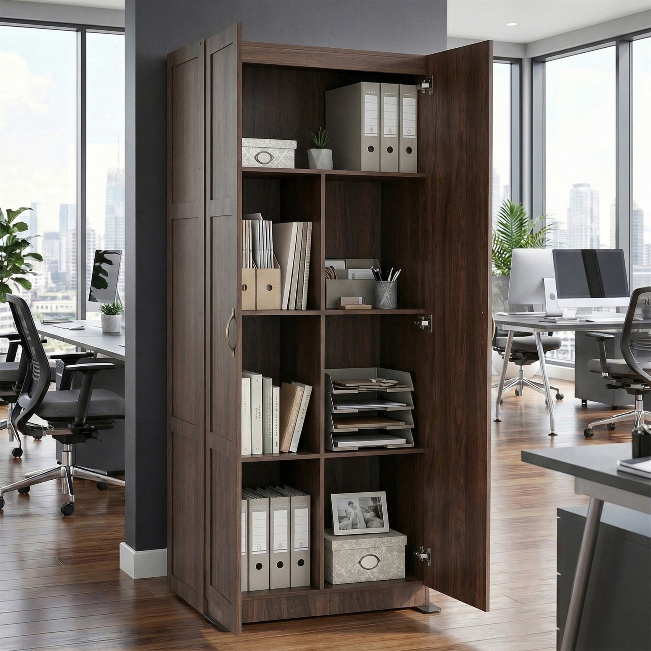 edx 71" Wooden Storage Cabinet for Living Room,Hallway, Entryway, Closet, Home Office, Brown