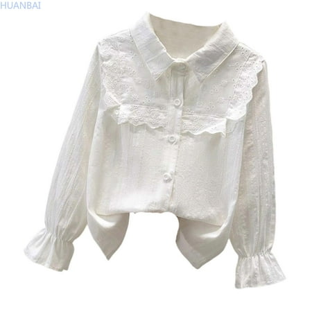 HUANBAI Kids Girls Long Sleeve Party Blouses Kids Elegant Ruffled Button Down Shirts School Tops Girls Shirts 5-6 Years