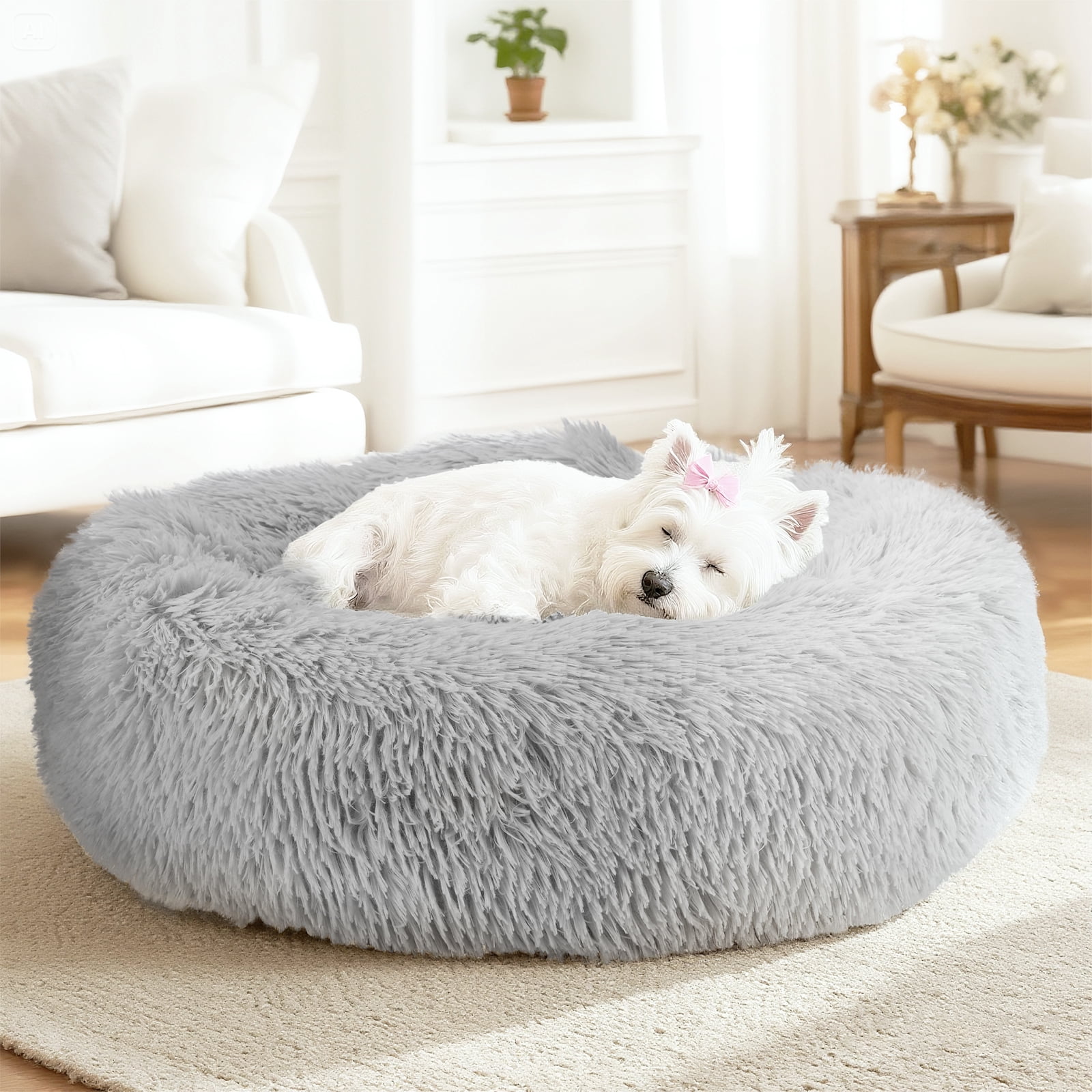 Zephypaws 27in Calming Dog Bed for Small Medium Dogs,Donut Washable Puppy Bed,Anti-Slip Round Fluffy Plush Faux Fur Pet Bed,Gray