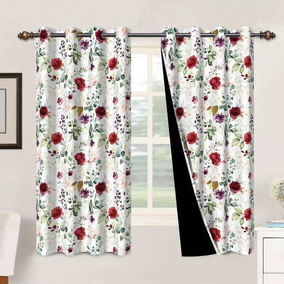 MIZHONA Red White Floral Blackout Curtains for Living Room Rustic Window Curtain Set of 2,42"x63"