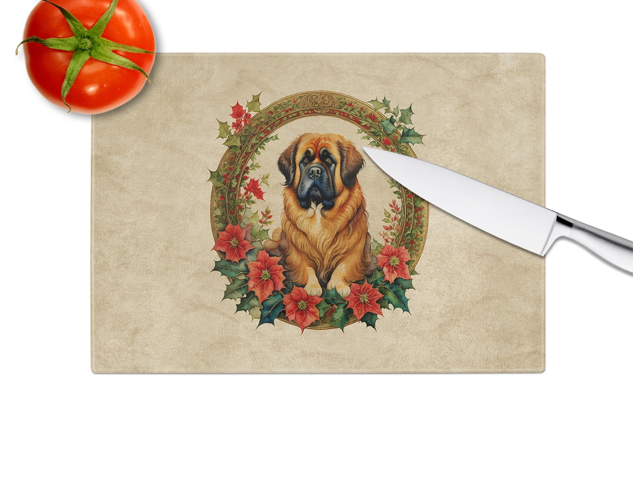 Tibetan Mastiff Christmas Flowers Glass Cutting Board 12 in x 15 in