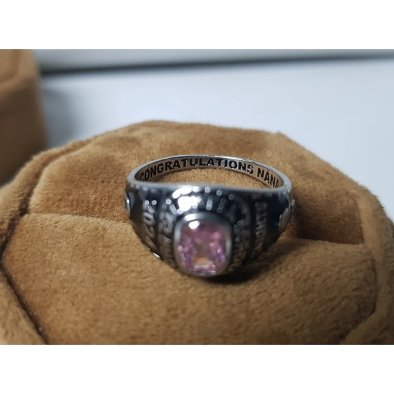Personalized Pink Cushion Cut Customized Name,Logo,Year And Inside Engraving Stylish Graduation High School Class Ring For Women 925 Sterling Silver