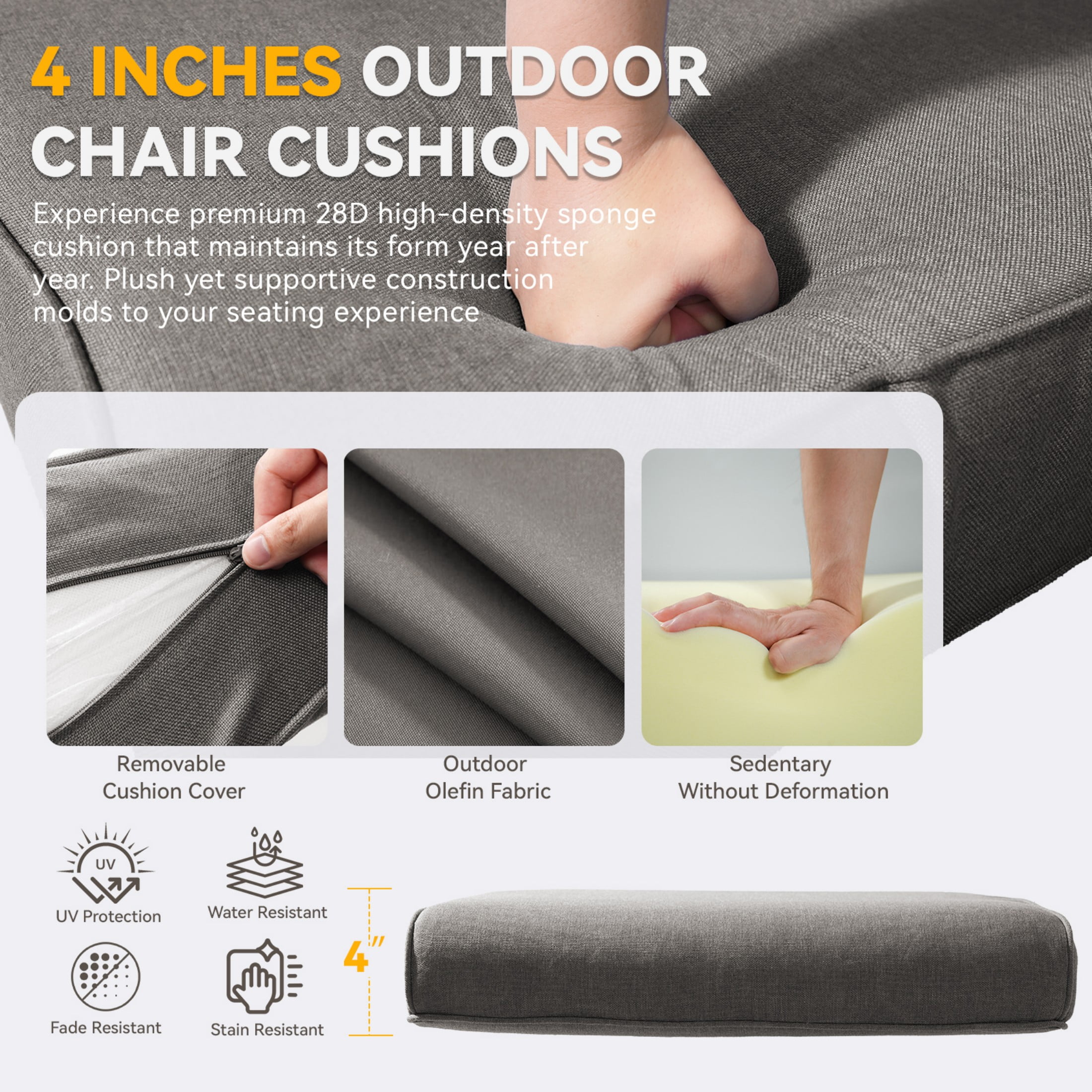 Unnifurnzi Outdoor Chair Cushions-22 x 25 x 4 Inch Fade Resistant Patio Chair Cushions Outdoor Seat Cushions for Patio Furniture Chair Sofa Couch-Gray