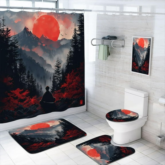 4 Pcs Samurai Bathroom Shower Curtain Set with Rugs,Toilet Lid Cover, Bath Mat Oil Painting Japanese Cherry Blossoms Art Shower Curtain with 12 Hooks, Durable Bathroom Decor Set