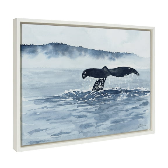 Kate and Laurel Sylvie Whale Watching Framed Canvas Wall Art by Julie Maida, 18x24 White, Scenic Ocean Animal Wall Decor Artwork