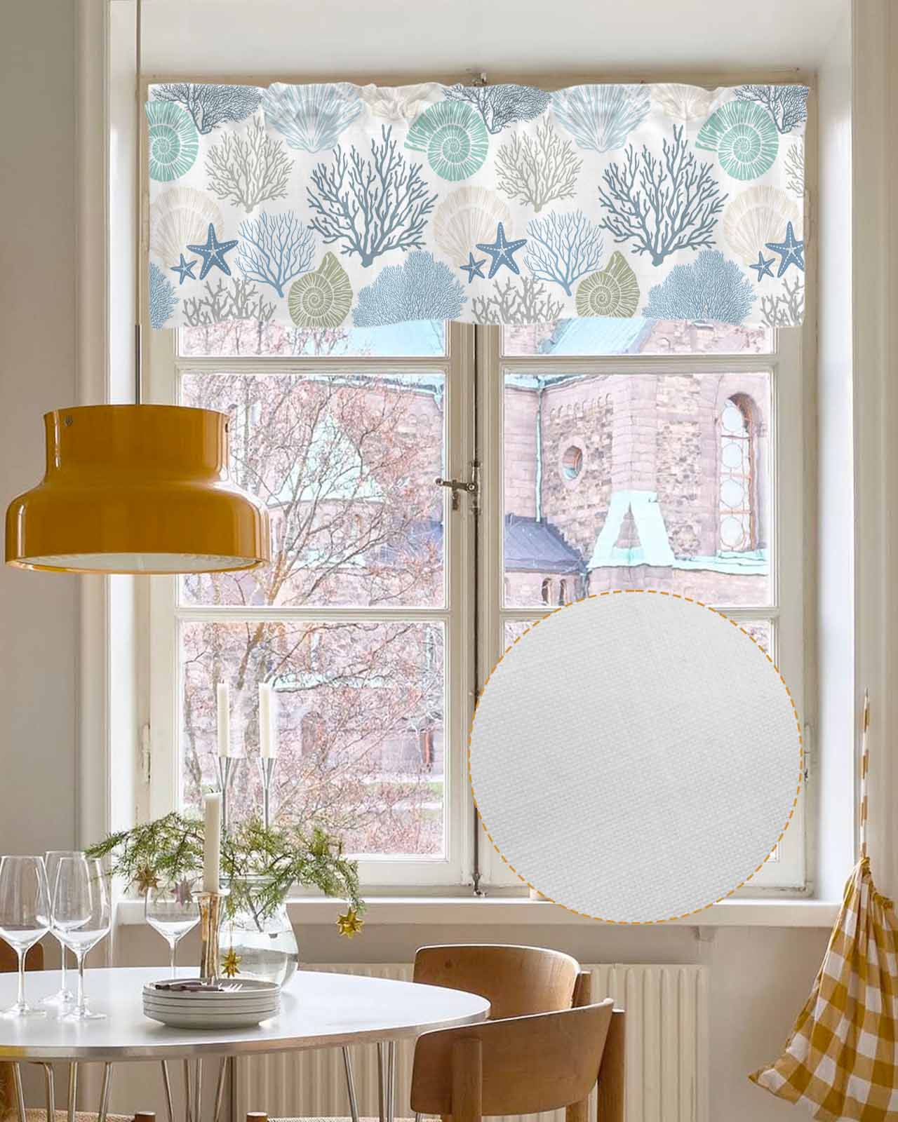 Blue Coastal Kitchen Valances for Windows Farmhouse Linen Window Valance Curtain for Living Room Window Treatment Summer Ocean Beach Starfish Shell Coral Valance Rod Pocket Topper Drape, 42 x 18 Inch