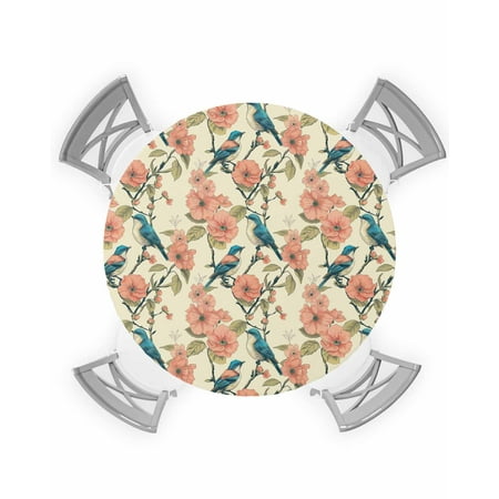

Round Tablecloth with Elastic Nature Plant Tree Branches Birds Flowers Waterproof Stain-proof Table Cover Wipeable Fitted Table Cloths for 45 -54 Round Tables Dining Kitchen