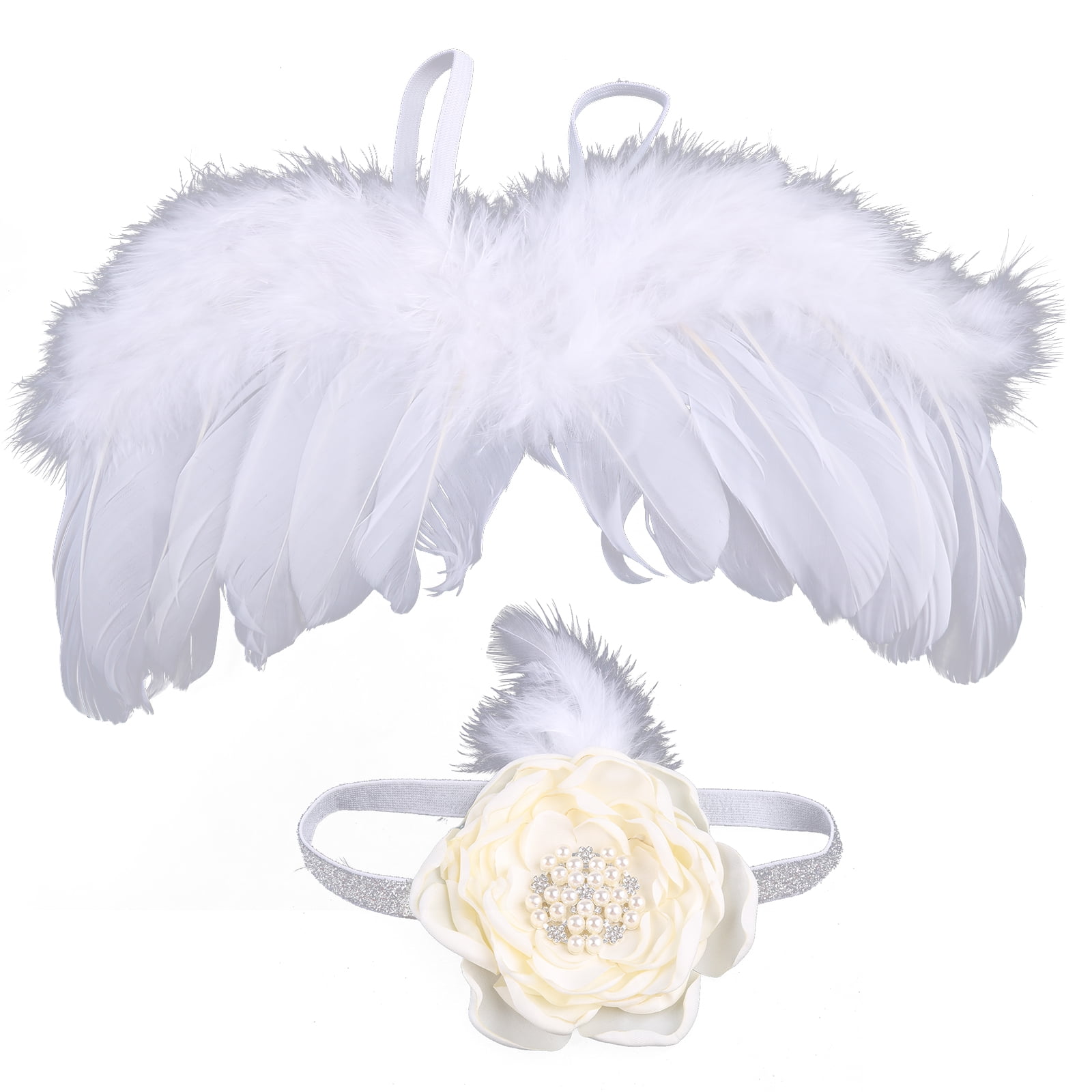 Swovo Baby Angel Wings Feather Wings Newborn Photo Prop with Leave Headbands Set Newborn Costume 0-6 Months Infant Toddler 