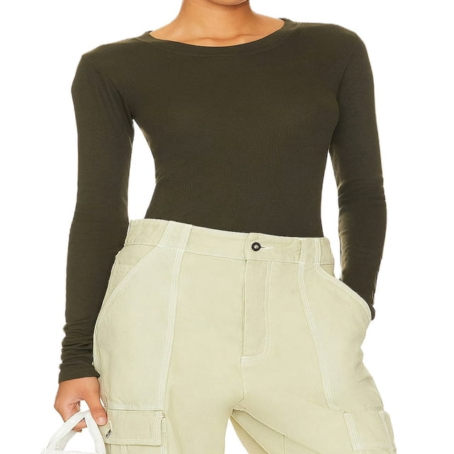T-shirt pour Femmes à Manches Longues, Col Rond, Uni, Coupe Ajustée, Hauts d'Automne, T-shirts Basiques, Vêtements d'Automne