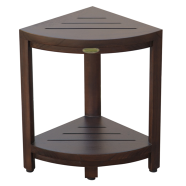 Compact Triangular Teak Shower Outdoor Bench with Shelf in Brown Finish