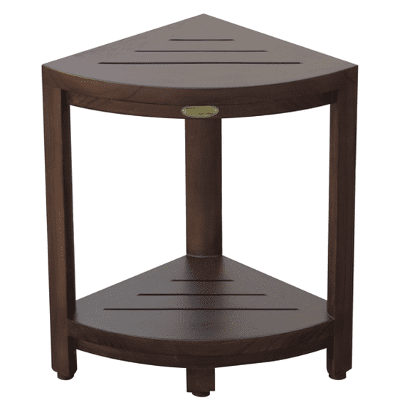 Compact Triangular Teak Shower Outdoor Bench with Shelf in Brown Finish