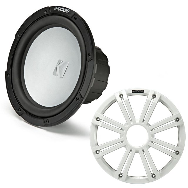 Kicker 45KMF104 subwoofer resistente a la intemperie de 10" para aplicaciones de aire libre 4 ohmios - Kicker 45KMG10W rejilla LED de 10" (blanco)