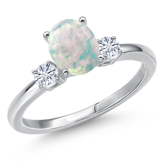 Gem Stone King 14K White Gold Simulated White Opal and White Moissanite Engagement Ring for Women | 1.20 Cttw | Oval Cabochon 8X6MM | Gemstone October Birthstone | Size 7