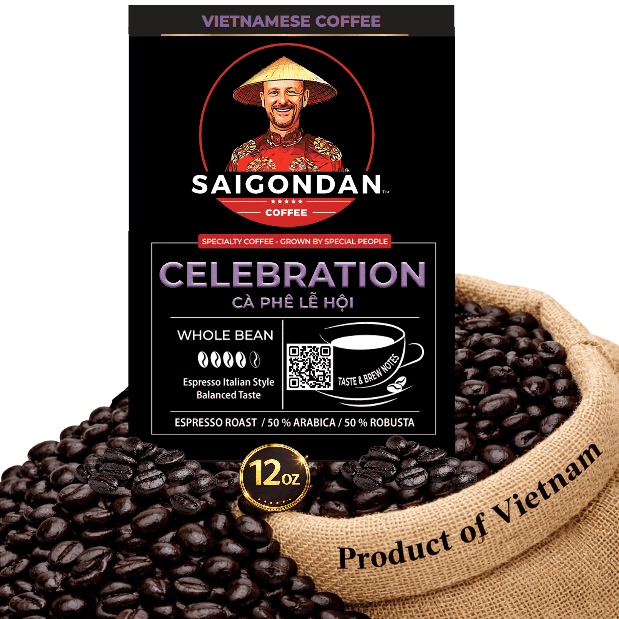 SaigonDan Celebration Espresso Roast Coffee — Bold Italian-Style Blend, Arabica + Robusta, Whole Bean, 12 oz