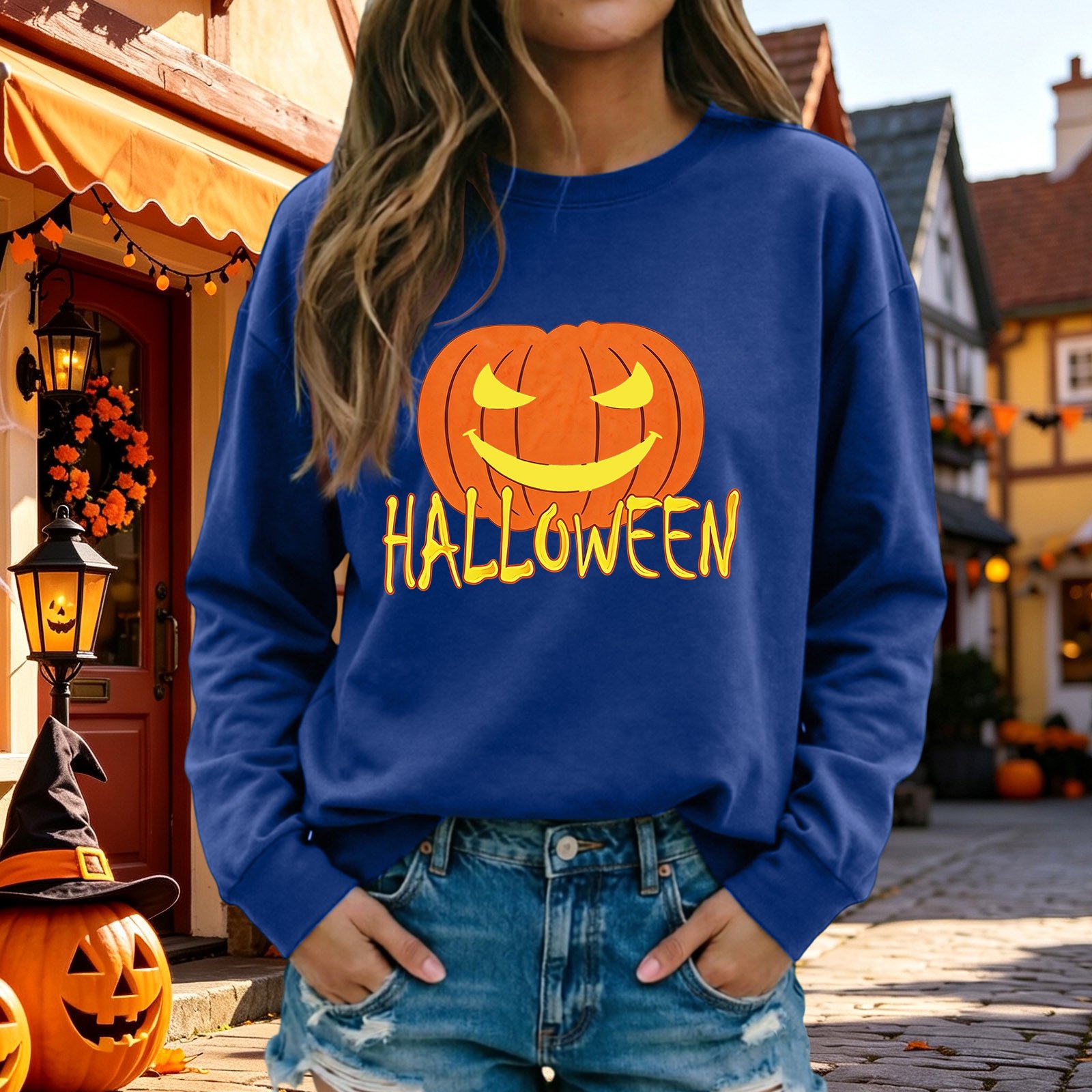 Womens Long Sleeve Mama Sweatshirts Halloween Pumpkin Themed Crew Neck Sweatshirts Cute Graphic Long Sleeve Casual Pullover Tops (Blue XXL)