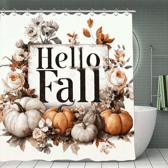 Potopok Hello Fall Pumpkin Shower Curtain, autumn harvest rustic farmhouse floral bathroom decor, waterproof polyester with hooks, for shower, tub, or room divider, 70.8x70.8 Inch