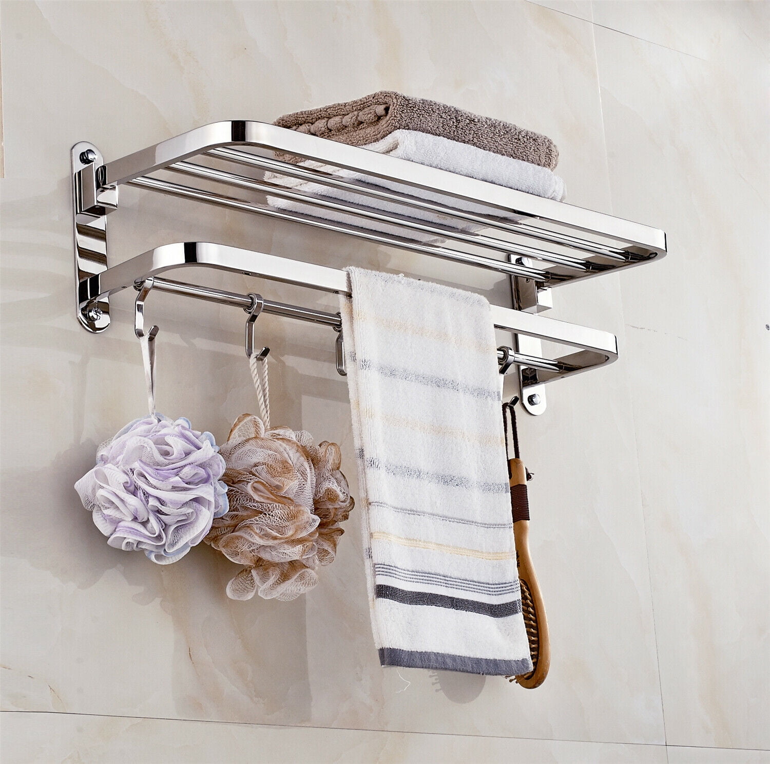 Foldable Wall Mounted Double Towel Holder with Towel Bar, Polished 304