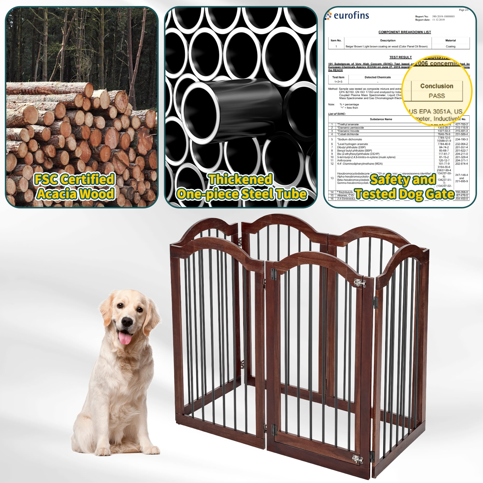 TrumanPick Free Standing Pet Gate with Door 36"H x 144"W Foldable Dog Gate 6 Panels Solid Wooden Dog Fence Indoor with Support Feet for House Doorways Stairs, Brown