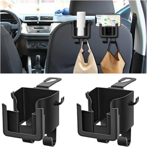 Car Headrest Cup Holder for Back Seat, 2PCS 3 in1 Multifunctional Vehicle Backseat Phone Organizer, Large Capacity Auto Handbag Storage Hook Hanger, Universal for SUV RV Truck