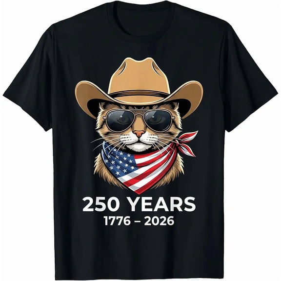Men's Patriotic Cowboy Cat US Flag 250 Years 1776-2026 T-Shirt