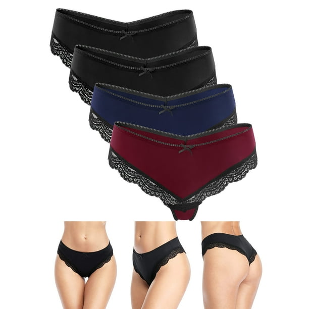 Charmo Women's Lace Trim Hipster Panties Nylon Bikini Brief Underwear,  4-Pack 