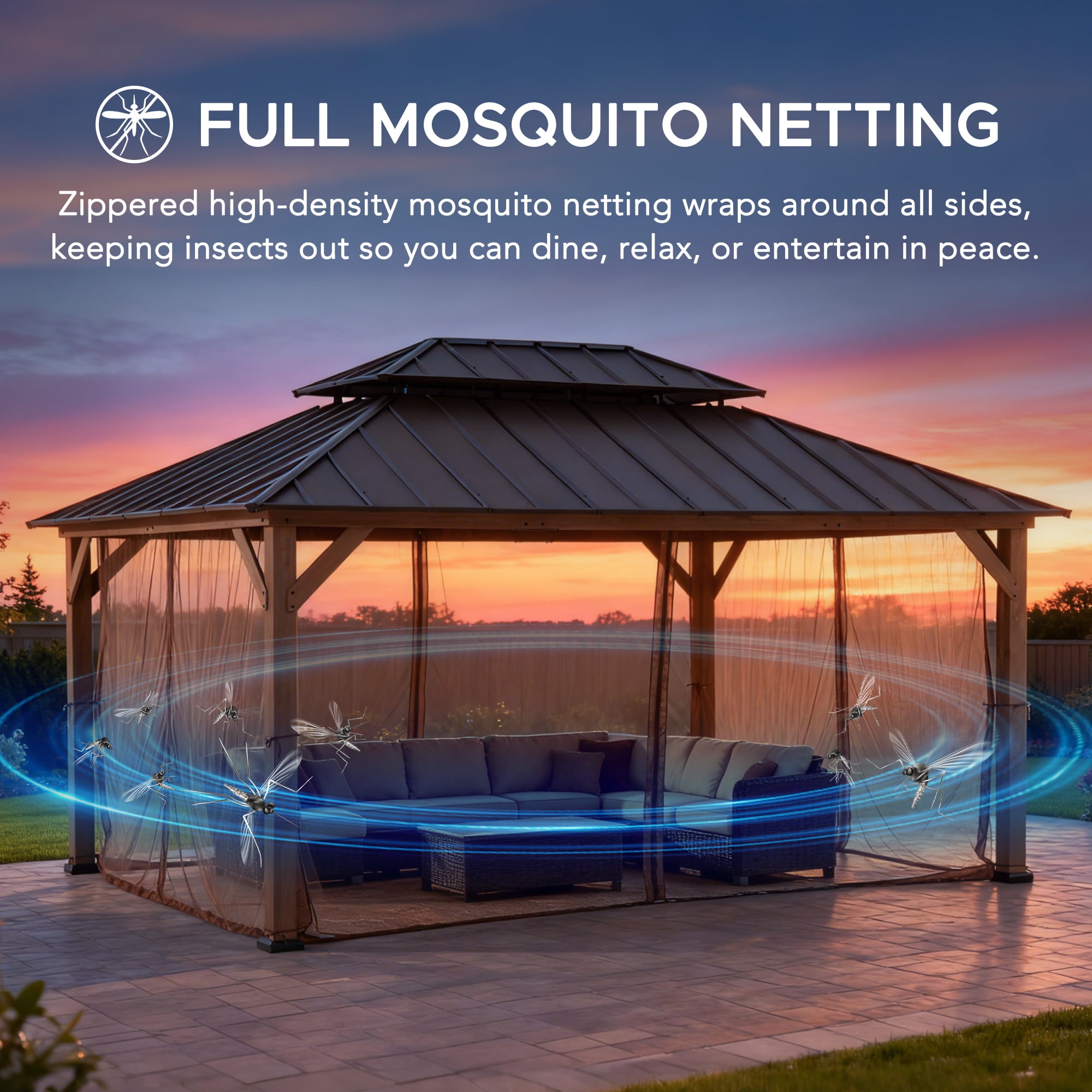 Sunjoy 12x16 Outdoor Cedar Wood Gazebo with Galvanized Steel Roof, Mosquito Netting