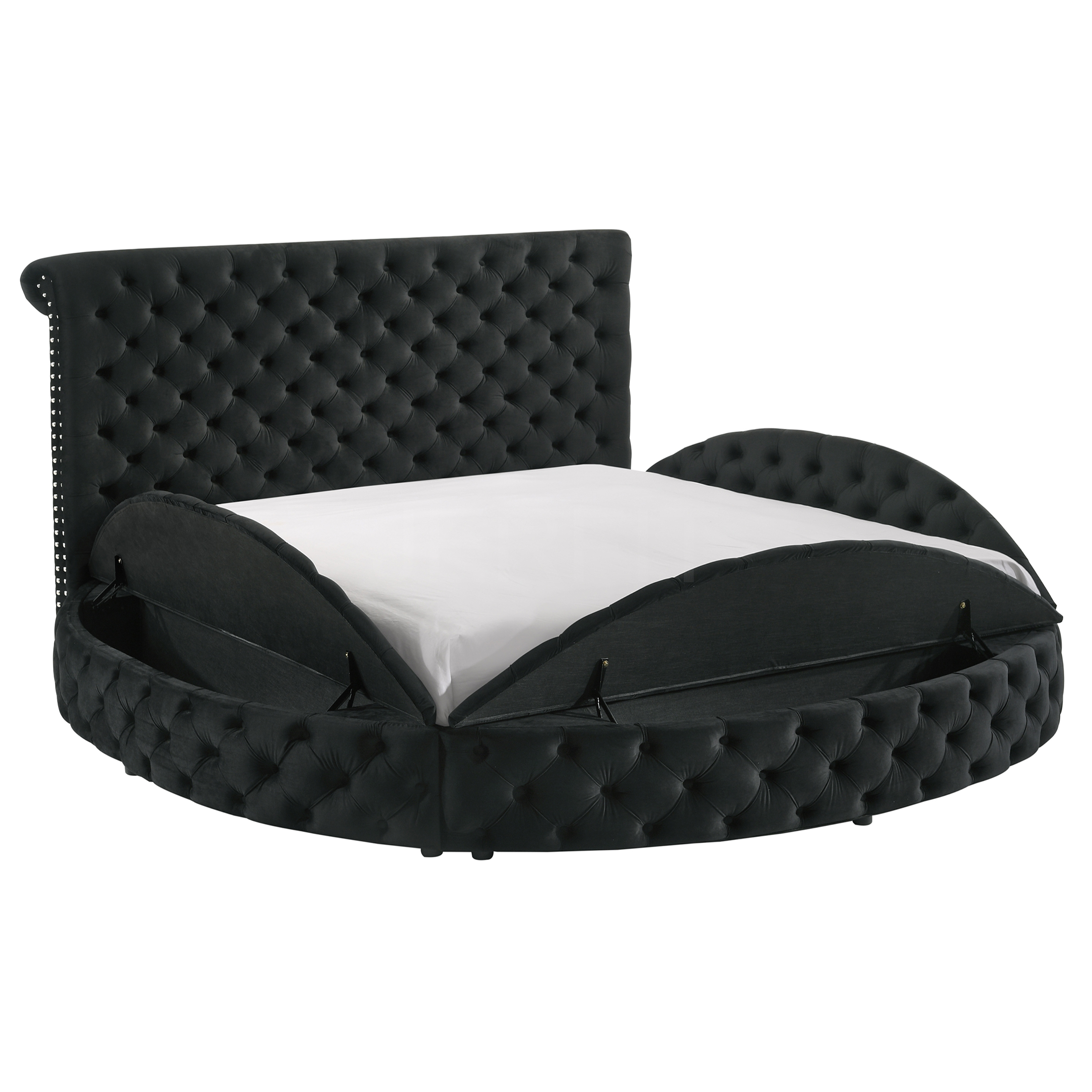 JERFIT King Size Upholstered Bed Frame with Storage, Round Tufted Headboard and Footboard, Modern Glam Velvet Platform Bed, Black